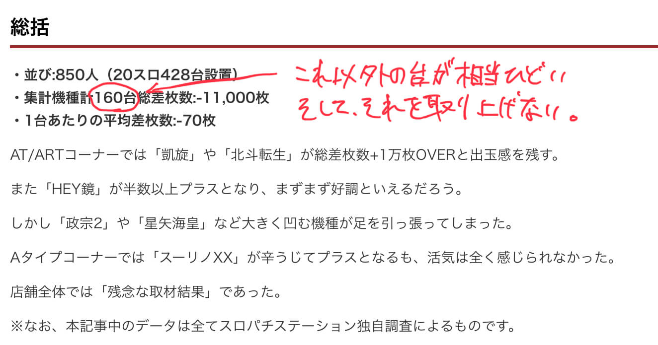 ・記事に載っていない機種の差枚がヒドイ